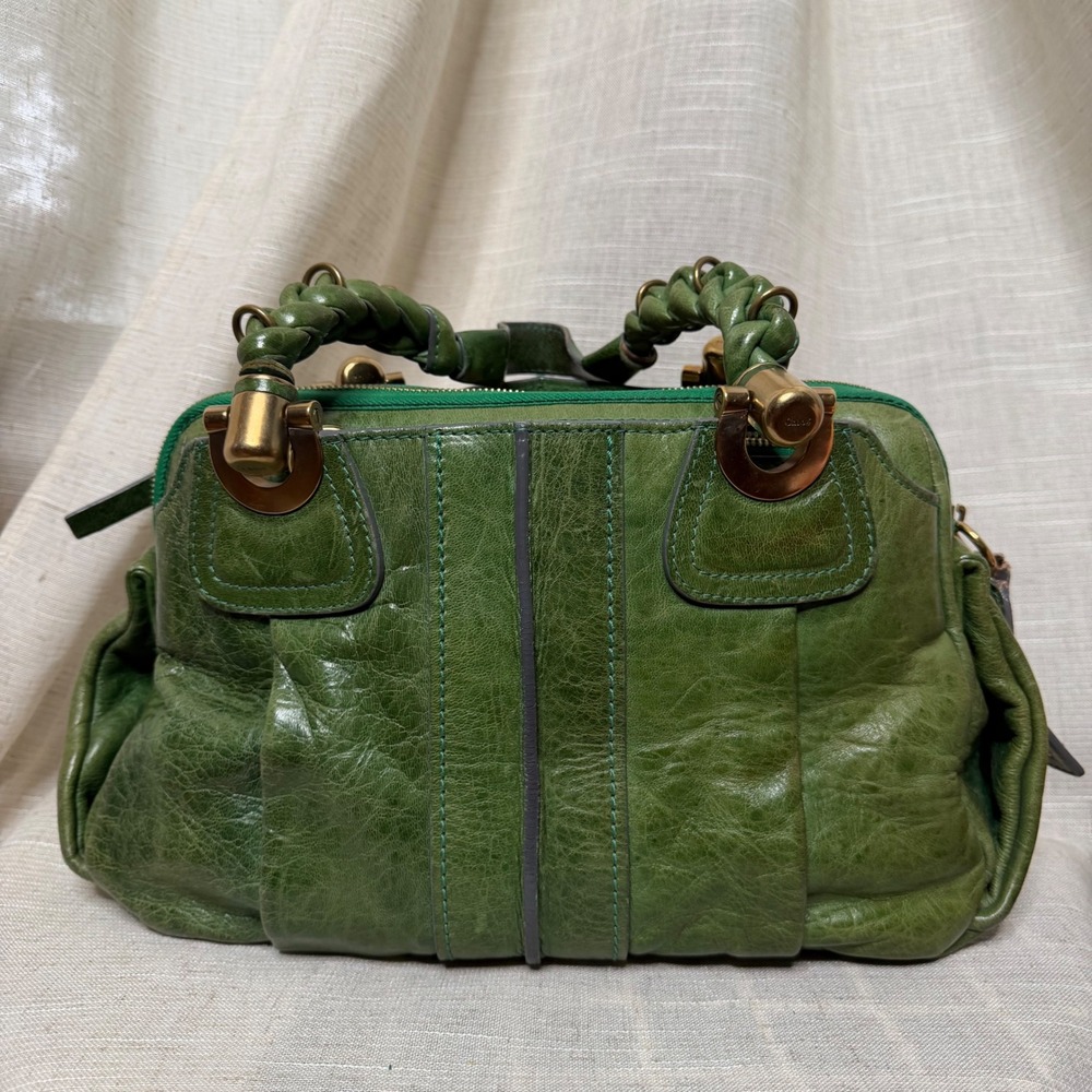 Y2K Chloe Heloise Satchel Bag Braided Leather Lambskin Green Hobo Purse COA